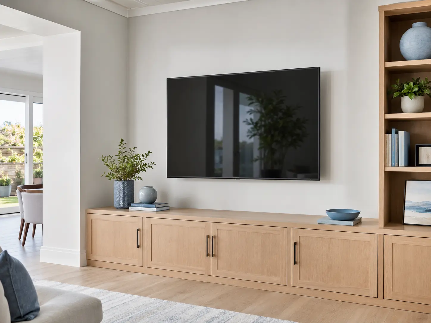 Precisely mounted television and finished cabinetry in a modern Orange County home